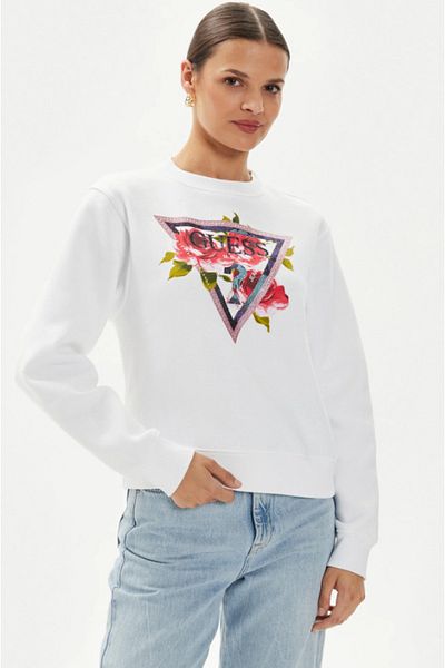 Guess Hanorac dama CN ROSES TRIANGLE SW alb