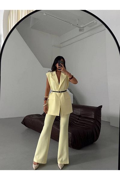 Melike Bakar Boutique Yellow Vest with Belt Detail