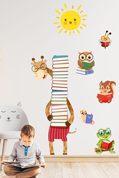 Tasarım Kitap Okuyan Hayvanlar Duvar Sticker Seti, Cam Sticker