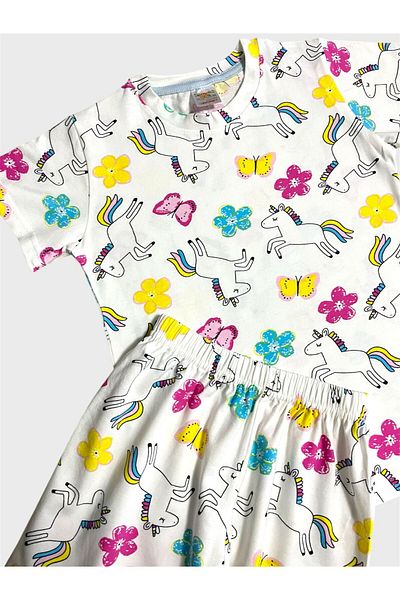 elmas kids Girl's 100% Cotton White Unicorn Butterfly Patterned Short Sleeve Shorts Summer Pajama Set