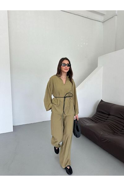 Melike Bakar Boutique Khaki V-Neck Leather Belted Suit