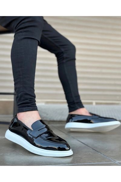 MerlitShoes Pantofi ușori pentru bărbați din piele lăcuită cu talpă albă