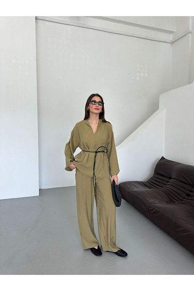 Melike Bakar Boutique Khaki V-Neck Leather Belted Suit