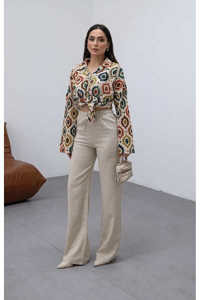 veres Women's Beige Linen High Waist Wide Leg Waist Lace up Palazzo Summer Pants