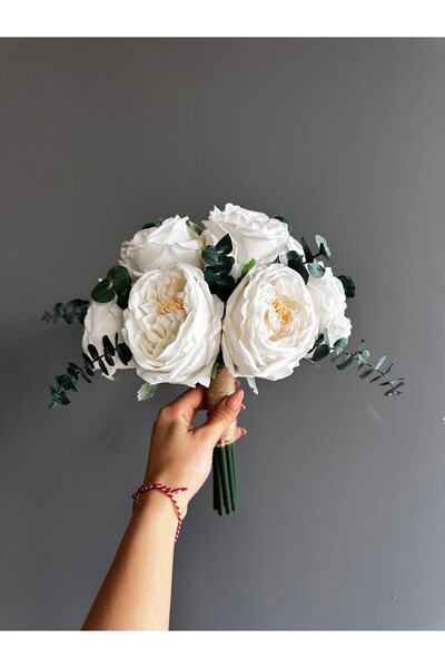 Luvienn Islak Dokulu Beyaz Şakayık Gelin Buketi-Okaliptuslu Islak Şakayık Gel...