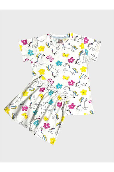 elmas kids Girl's 100% Cotton White Unicorn Butterfly Patterned Short Sleeve Shorts Summer Pajama Set