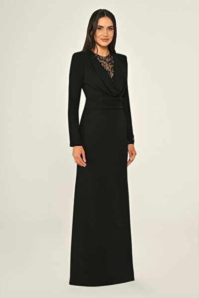 ALFABETA KADIN ABİYE GÖGÜS TAŞ DETAYLI DEGAJE YAKA KREP UZUN ELBİSE