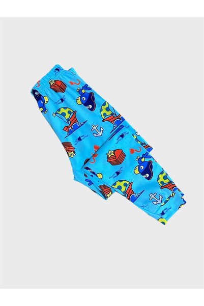 Generic Brand Male Child 100% Cotton Blue Sailing Fish Pattern Short-Sleeve Bottom Long Summer Pajamas Set
