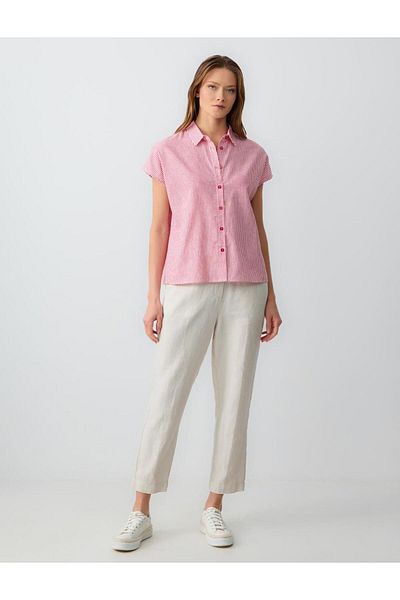 Jimmy Key Red Relaxed Fit Short Sleeve Line Patterned Linen Shirt