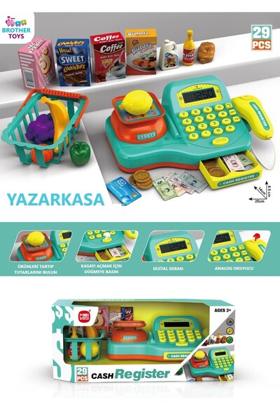 Brother Toys 29 Parçalı Terazili Sesli Işıklı Hesap Makineli Barkod Okuyuculu Yazar Kasa Market Yazarkasa Pos