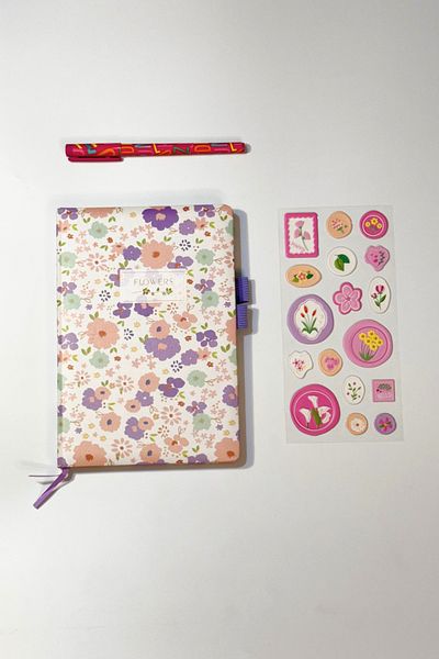 caps office Caiet de 200 de coli cu model floral și autocolant în relief + set de pixuri cu gel Set de papetărie