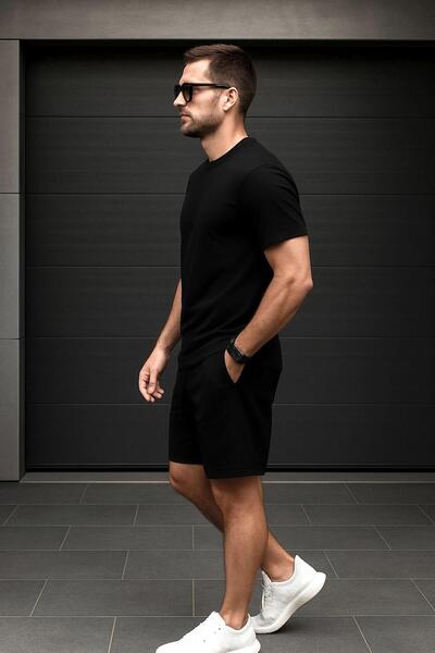 Delpino Regular Kalıp 2'li Set Relax Comfort Fit Şardonsuz Tshirt Şort Eşofman Takımı