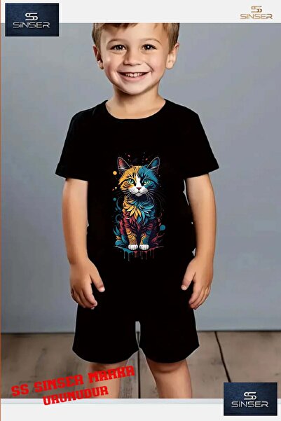 SS SİNSER Tricou pentru copii cu gâtul rotund, imprimat personalizat, cu pisi...