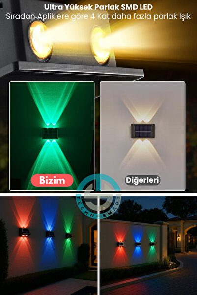 TechnoSmart 2Adet Güneş Enerjili Çift Taraflı 4 Ledli Aplik RGB Işık Duvar Lambası Bahçe Aydınlatma
