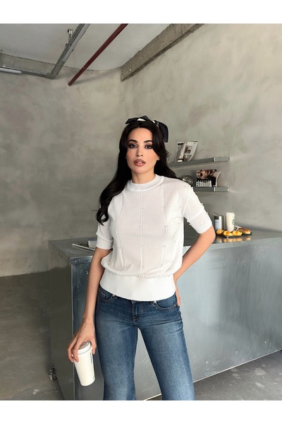 novalook Μπλούζα με κοντά μανίκια από κρύο νήμα και πέρλες με ριγέ σχέδιο