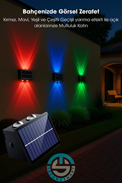 TechnoSmart 2Adet Güneş Enerjili Çift Taraflı 4 Ledli Aplik RGB Işık Duvar Lambası Bahçe Aydınlatma