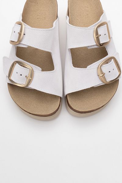 LuviShoes Harbor White Suede Double Striped Genuine Leather Women's Thick Soled Slippers