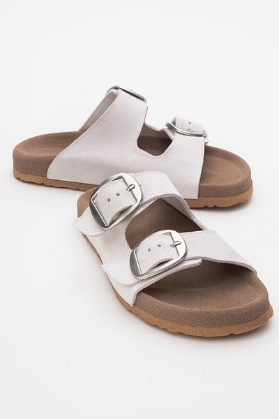 LuviShoes Ovesta White Suede Genuine Leather Double-Strapped Women's Slippers