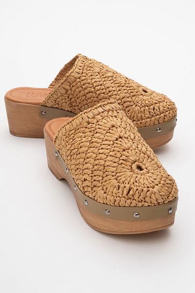 LuviShoes COOPER Light Tan Knitted Genuine Leather Wedge Heel Slippers