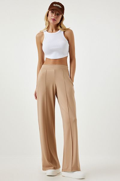 Happiness İstanbul Dunkelbeige Scuba Palazzo-Hose mit hoher Taille für Damen BF00104