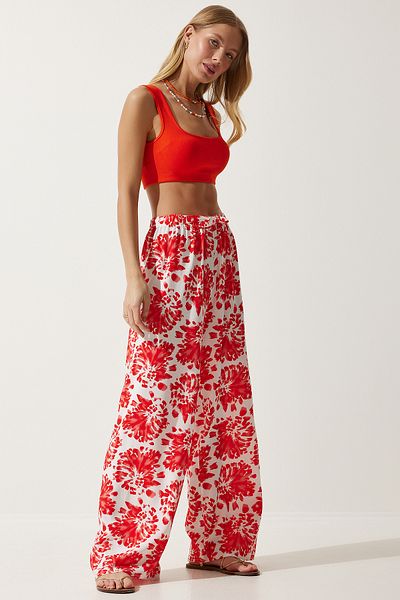 Happiness İstanbul Damen Ecru Rot Hohe Taille Sommer Lose Viskose Hose BH00424