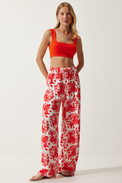 Happiness İstanbul Dámské letní volné viskózové kalhoty Ecru Red s vysokým pasem BH00424