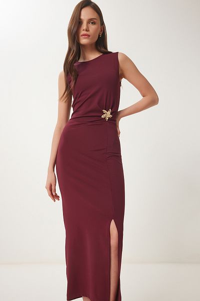 Happiness İstanbul Burgunderrotes Midikleid Sandy mit goldener Schnalle für Damen KH00097