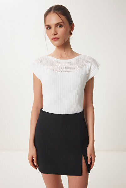 Happiness İstanbul Ecru durchbrochene Sommer-Strickbluse für Damen WA00002