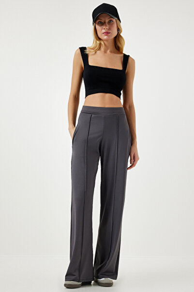Happiness İstanbul Women's Anthracite High Waist Scuba Palazzo Pants Bf00104