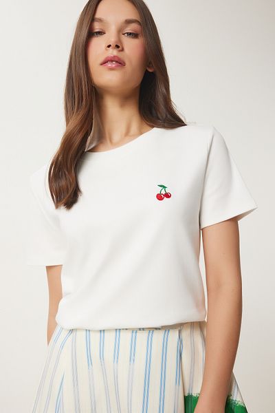 Happiness İstanbul Women's Bone Cherry Embroidery Embroidered Interlock T-Shirt Bf00103