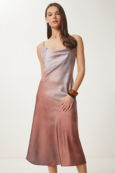 Happiness İstanbul Dámské hnědé khaki letní midi saténové šaty FN03460