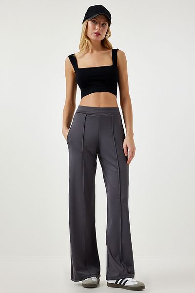 Happiness İstanbul Women's Anthracite High Waist Scuba Palazzo Pants Bf00104
