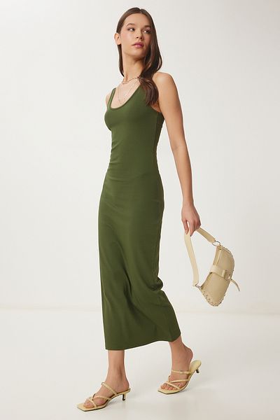 Happiness İstanbul Khakifarbenes Basic-Sommer-Strickkleid für Damen UB00317
