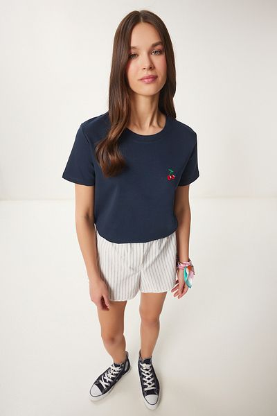 Happiness İstanbul Women's Navy Blue Cherry Embroidered Interlock T-Shirt Bf00103