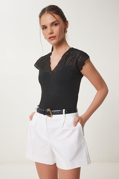 Happiness İstanbul Women's Black Openwork Summer Knitwear Blouse Wa00001