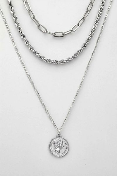 fullcontrol Women's Silver Color Medallion Combination Multiple Necklace