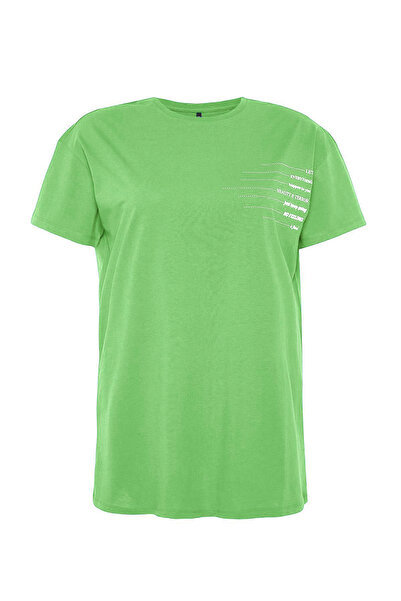 Trendyol Curve Πράσινο φόρεμα μπλουζάκι με στάμπα συνθήματος σε μεγάλο μέγεθος - 100% βαμβακερό λαιμόκοψη TBBSS23AH00162