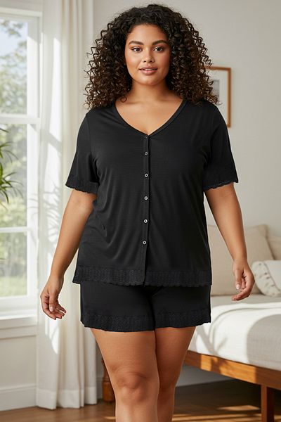 Trendyol Curve Schwarzes Spitzen-Pyjama-Set aus Viskose mit V-Ausschnitt TBBSS25AI00065
