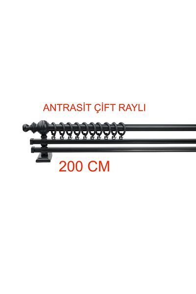 BonicasaArt Anthracite Double Rail Wooden Rustic Curtain Hanger - Rustic Pipe 200 cm