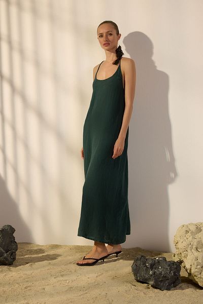 Trendyol Collection Βενζινοπράσινο 100% λινό μάξι φόρεμα με λεπτομέρεια στην πλάτη TWOSS24EL00668
