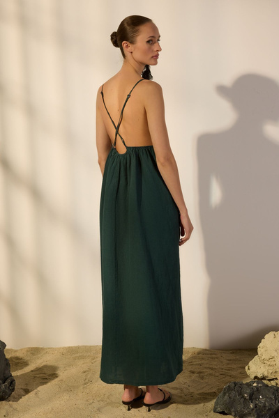 Trendyol Collection Petrol Green 100% Linen Back Detail Maxi Dress Twoss24El00668
