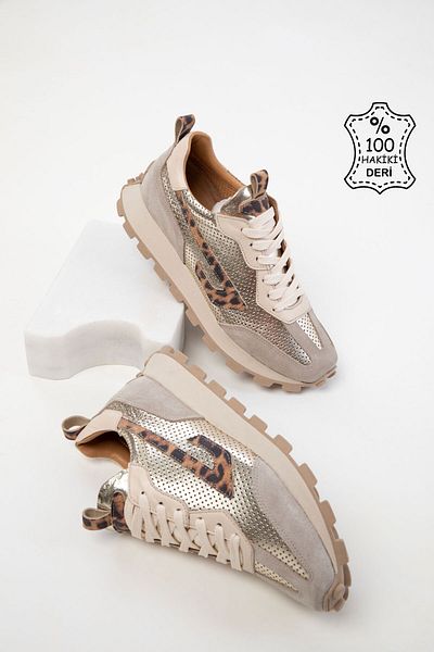 SOHO Beige-Leopard Echtes Leder Damen Sneaker 20555