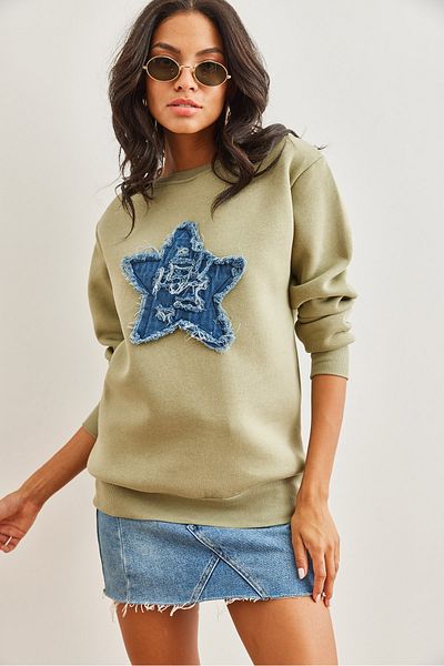 Olalook Γυναικείο φούτερ Khaki Denim - Μοτίβο καρδιάς και χοντρό, SWT- 19000691