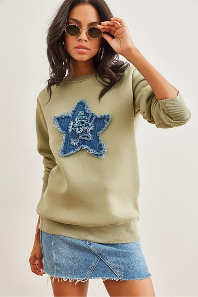 Olalook Γυναικείο φούτερ Khaki Denim - Μοτίβο καρδιάς και χοντρό, SWT- 19000691