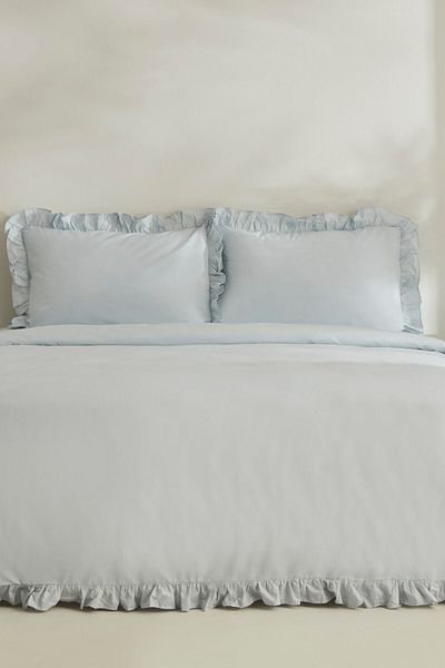 Karaca Home Σετ παπλωματοθήκη Pure Ruffle 100% βαμβακερό διπλό γαλάζιο