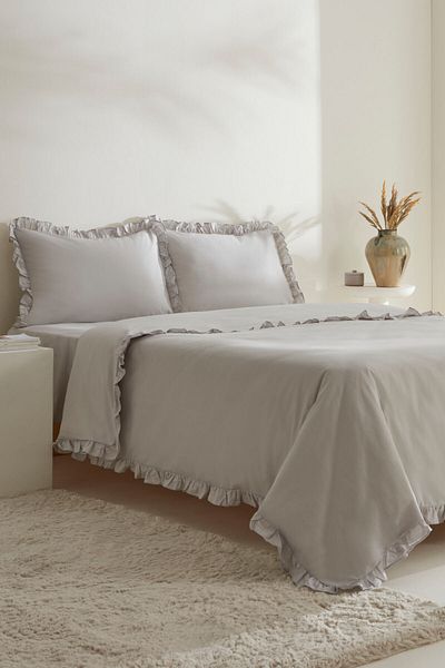 Karaca Home Σετ παπλωματοθήκη Pure Ruffle 100% βαμβακερό διπλό ανοιχτό γκρι