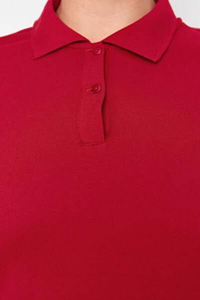 Trendyol Curve Claret Red Polo Collar Mini Knitted Dress TBBSS24AH00164