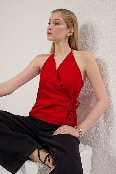 Trendyol Collection Red Modal Strap Double Breasted Woven Blouse Twoss25Bz00420