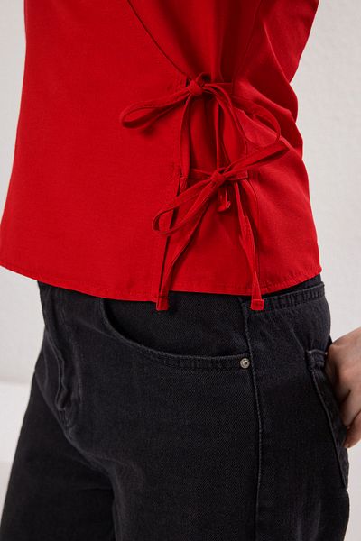 Trendyol Collection Red Modal Strap Double Breasted Woven Blouse Twoss25Bz00420