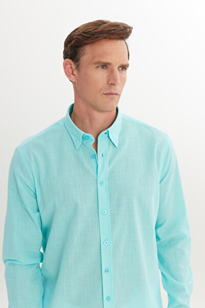 AC&Co / Altınyıldız Classics Pánské tyrkysové, pohodlný střih, uvolněný střih, límec se skrytými knoflíky, 100% bavlna